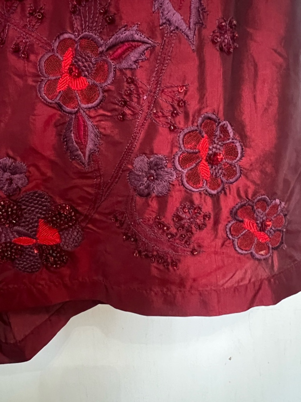 Y2K French Connection Burgundy Silk embellished bias cut skirt, size 6 / Small - Picture 7 of 12